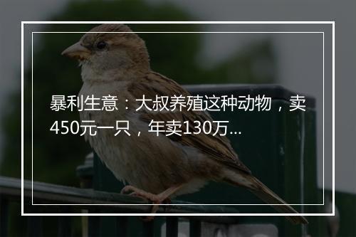 暴利生意：大叔养殖这种动物，卖450元一只，年卖130万，发家致富让人羡慕！