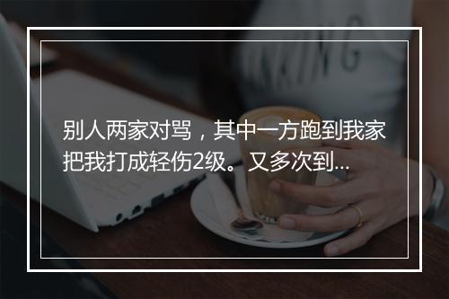 别人两家对骂，其中一方跑到我家把我打成轻伤2级。又多次到我家谩骂恐吓。该负什么法律责任！