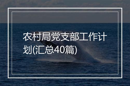 农村局党支部工作计划(汇总40篇)