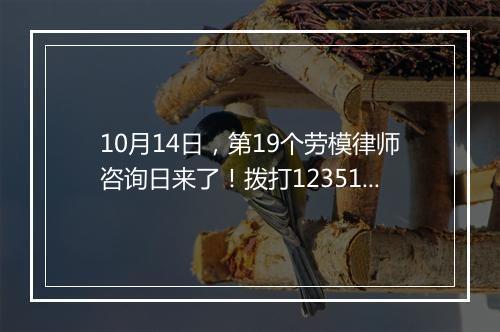 10月14日，第19个劳模律师咨询日来了！拨打12351即可享受免费法律咨询！
